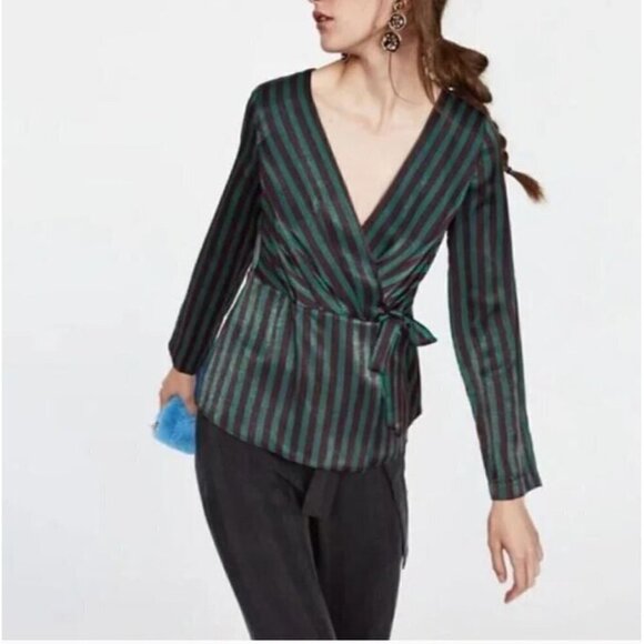 Zara Wrap Top Womens Small Striped Satin Long Sleeve Green Tie Closure Boho - Picture 1 of 7